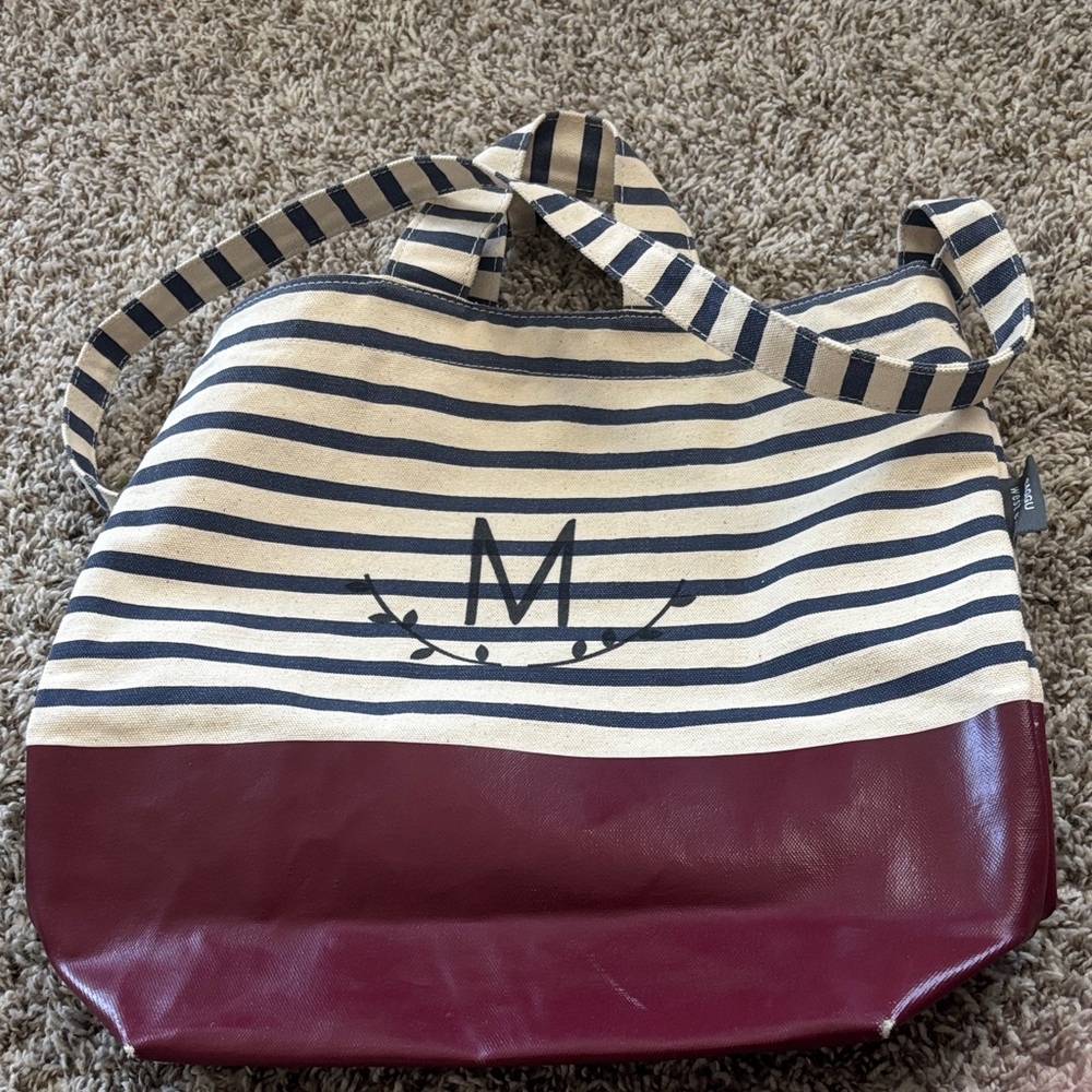 BAGGU + Wels Elm Striped Canvas Tote with Burgundy Base Strap short and long